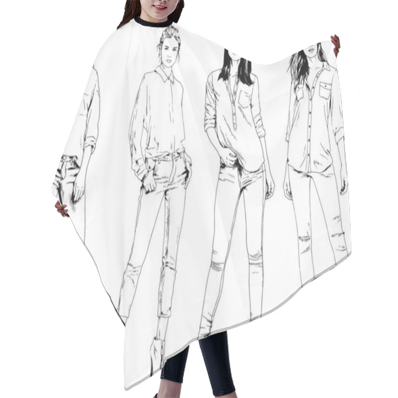 Personality  Beautiful Slim Girl In Casual Clothes, Drawn In Ink By Hand On A White Background Hair Cutting Cape