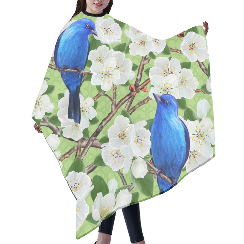 Personality  Floral Background, Pattern, Seamless. Branch Of Flowering Trees. Spring Flowering. White Flowers.Blue Bird. Hair Cutting Cape