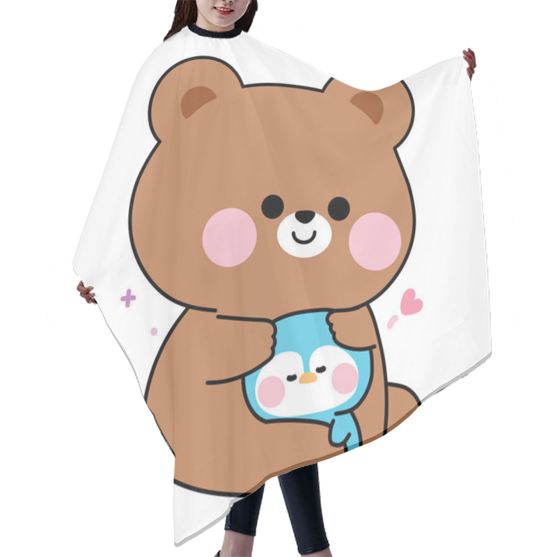 Personality  Cute Teddy Bear Doll Hug Tiny Penguin With Heart.Polar Bird And Wild Animal Character Cartoon Design.Image For Sticker,baby Clothing,stationary.Kawaii.Vector.Illustration. Hair Cutting Cape