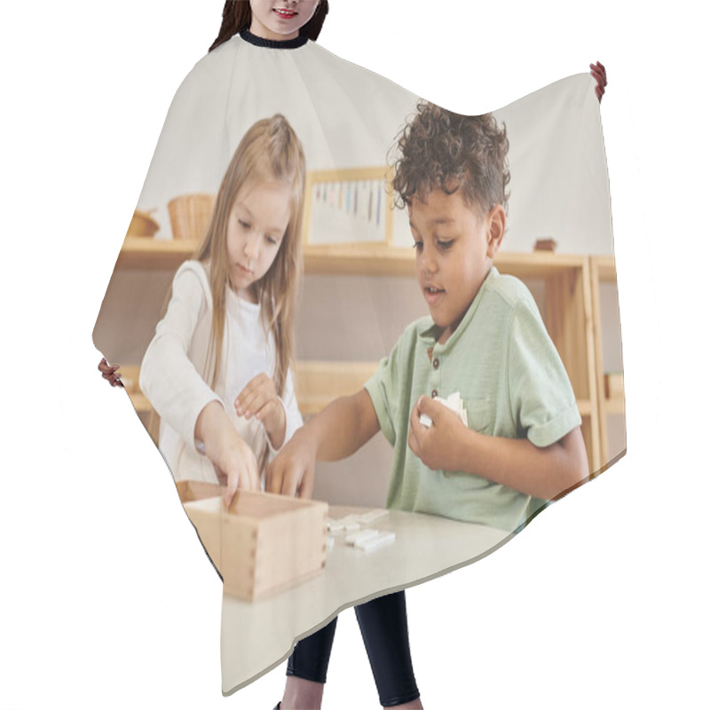 Personality  Math Learning, African American Boy Playing With Girl, Montessori School Concept, Diverse Kids Hair Cutting Cape