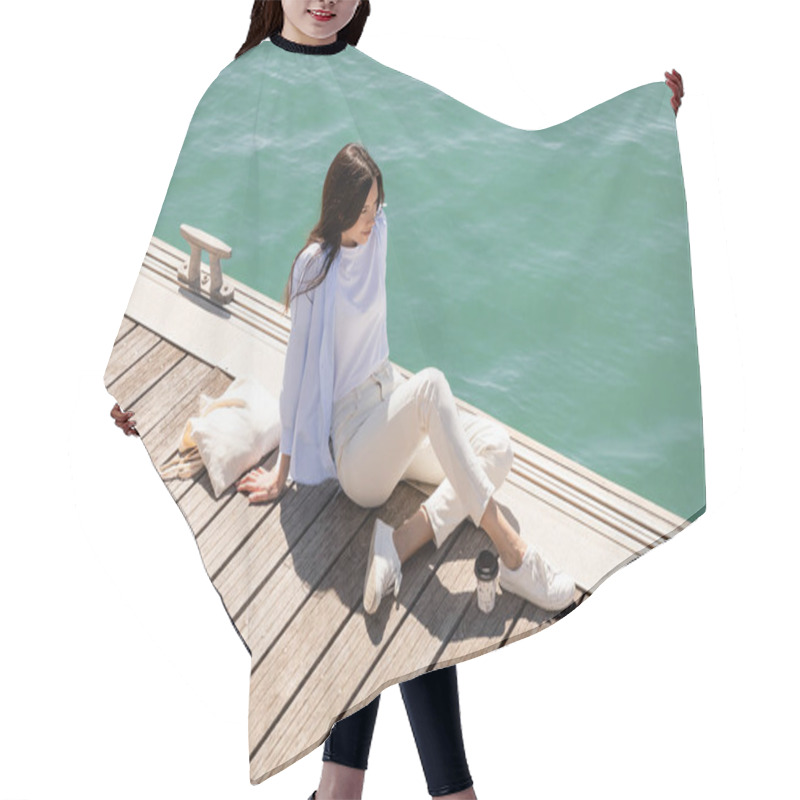 Personality  High Angle View Of Woman Sitting On Pier Near Paper Cup And Canvas Bag Hair Cutting Cape