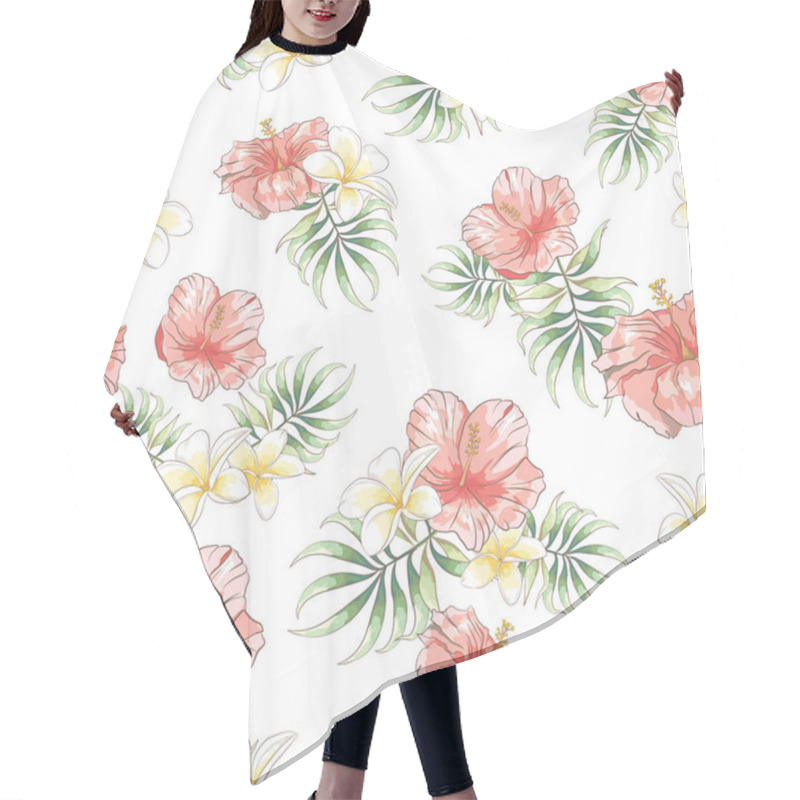 Personality  Seamless Pattern With Hand Drawn Hibiscus , Plumeria Flower And Palm Leaves On White Background, Wallpaper With Tropical Flowers Hair Cutting Cape