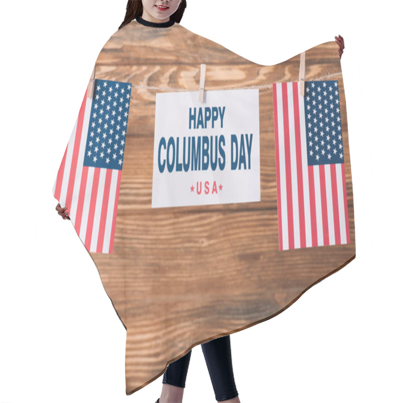 Personality  Card With Happy Columbus Day Inscription Between American National Flags On Wooden Surface Hair Cutting Cape