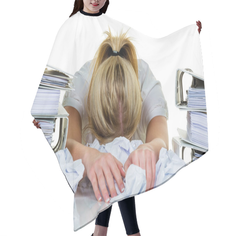 Personality  Woman In Office With Burnout Hair Cutting Cape