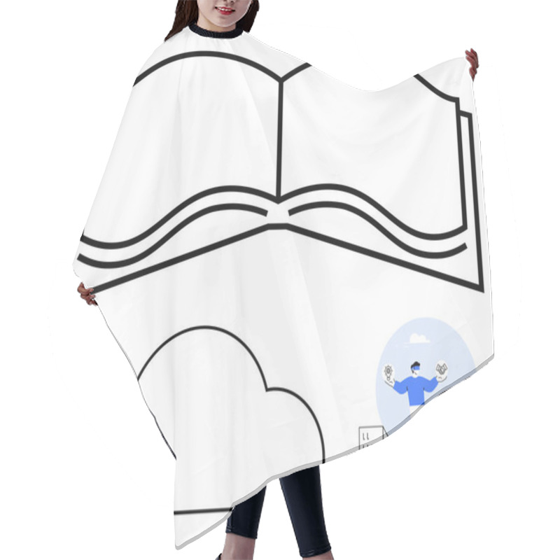 Personality  Open Book Outline, Cloud Shape, And Man Juggling On Buildings. Ideal For Education, Cloud Computing, Storytelling, Creativity, Urban Life Goal Setting And Optimism Themes. Line Metaphor Hair Cutting Cape