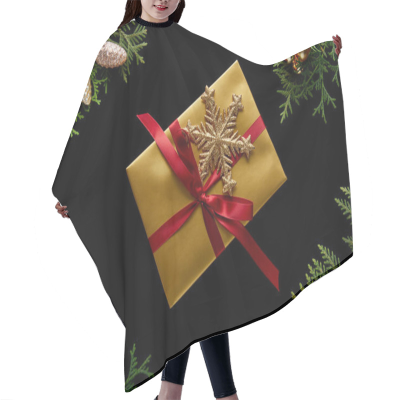 Personality  Top View Of Shiny Golden Christmas Decoration, Green Thuja Branches And Gift Isolated On Black Hair Cutting Cape