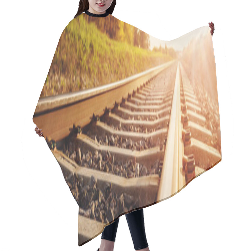 Personality  Close Perspective View Of The Railroad In Countryside. Concept Of The Shipment, Logistic And Transportation. Hair Cutting Cape