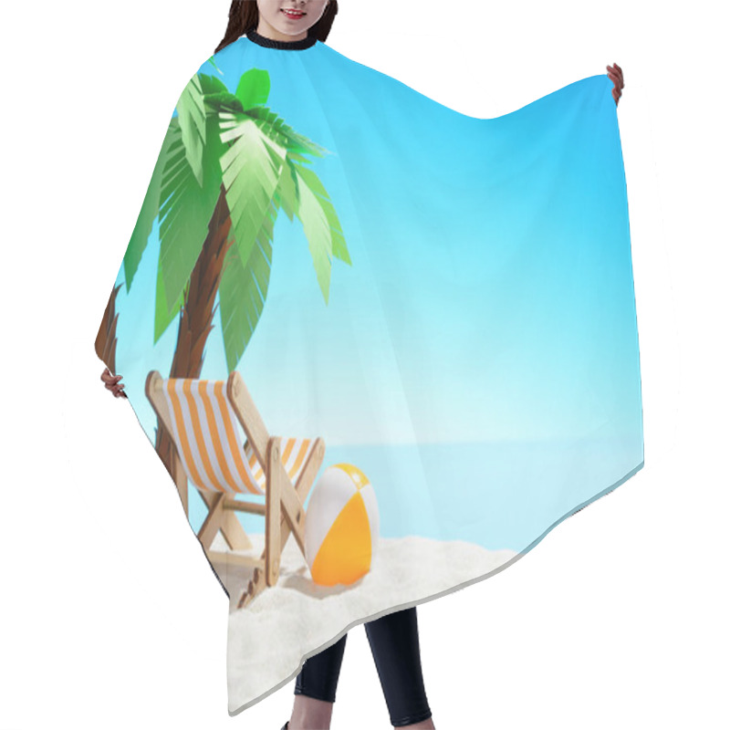 Personality  Sun Lounger And Beach Ball Under A Palm Tree On The Sandy Coast. Sky With Copy Space Hair Cutting Cape