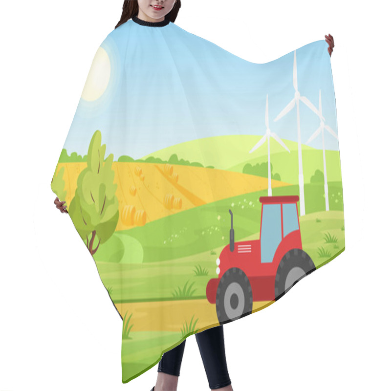 Personality  Vector Illustration Of Village With Fields And Tractor Working On Farmed Land, Bright Colors Landscape, Farm Concept In Cartoon Flat Style. Hair Cutting Cape