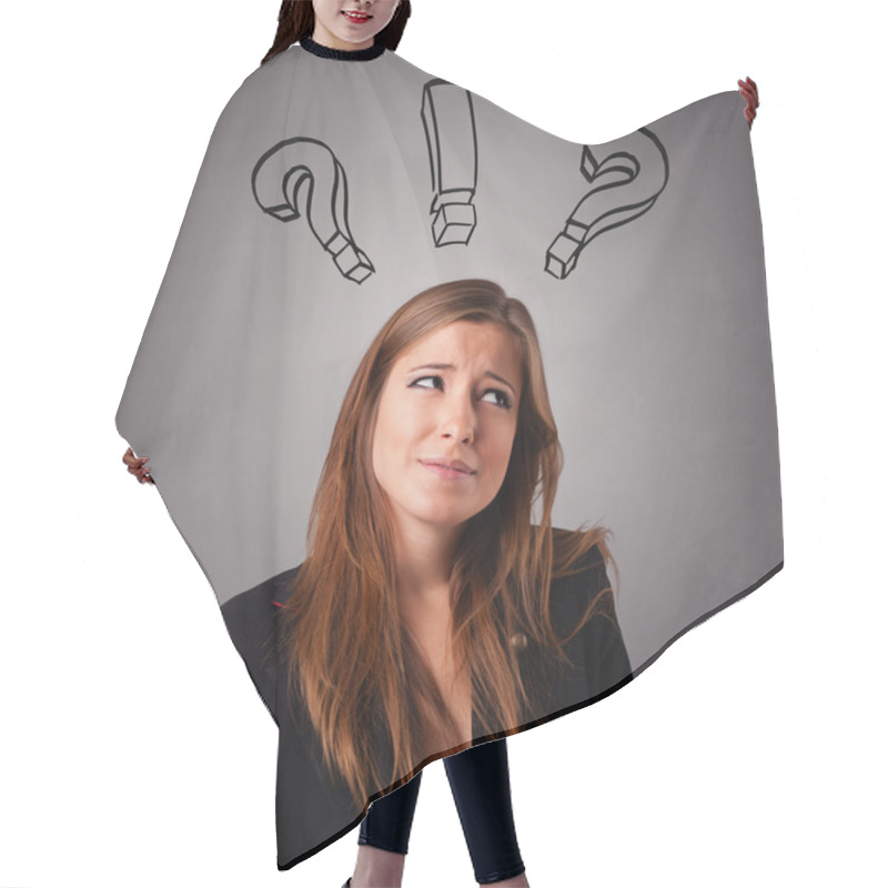 Personality  Young Lady Thinking With Question Marks Overhead Hair Cutting Cape