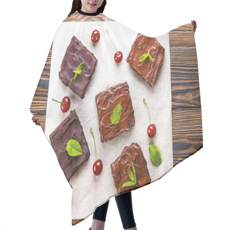 Personality  Square Slices Of Homemade Brownies, Dark Chocolate Spread Paste, Cherry & Mint Leaves On Wood Table. High Calorie Pastry. Cocoa Based Sweets, Bad For Figure. Close Up, Copy Space Background, Top View. Hair Cutting Cape