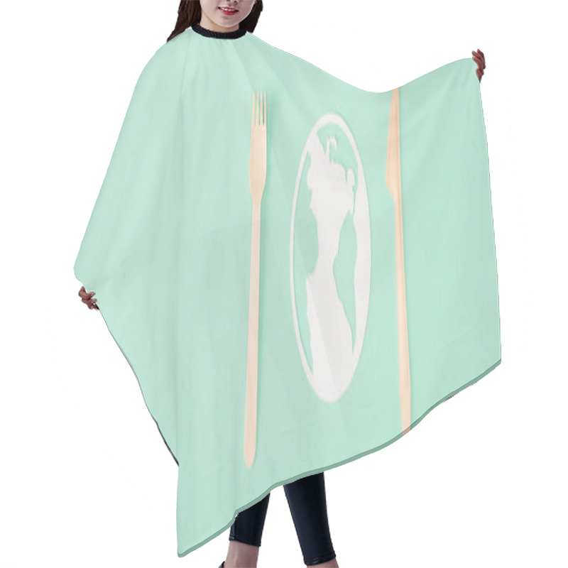 Personality  Horizontal Concept Of Wooden Cutlery And Paper Earth Sign On Green Background, Ecology Concept Hair Cutting Cape