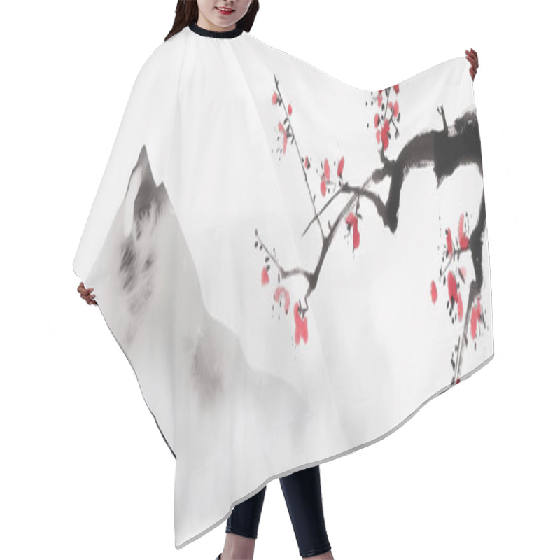 Personality  Ink Painting Of Cherry Blossom Branch And Misty Mountains. Traditional Oriental Ink Painting Sumi-e, U-sin, Go-hua. Hieroglyph - Clarity Hair Cutting Cape