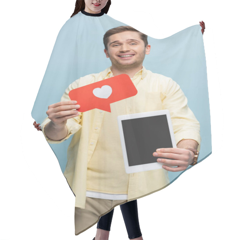 Personality  Happy Man In Shirt Holding Paper Heart And Digital Tablet With Blank Screen Isolated On Blue Hair Cutting Cape