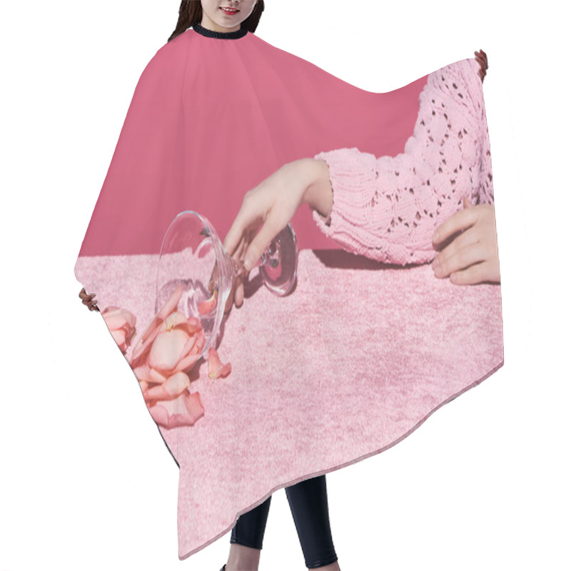 Personality  Cropped View Of Woman With Scattered Petals From Glass On Velour Cloth Isolated On Pink, Girlish Concept  Hair Cutting Cape