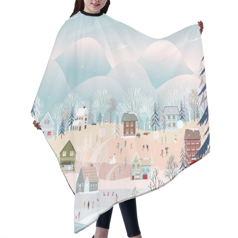 Personality  Winter Landscape With Snow Fallingon Christmas Night In Village,Vector Banner Cute Winter Wonderland In The Town With Happy People Celebration In The Park,Merry Christmas,New Year 2024 Card Background Hair Cutting Cape