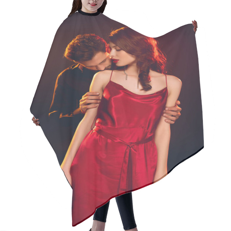 Personality  Handsome Man Kissing Shoulder Of Elegant Girlfriend In Red Dress Isolated On Black Hair Cutting Cape