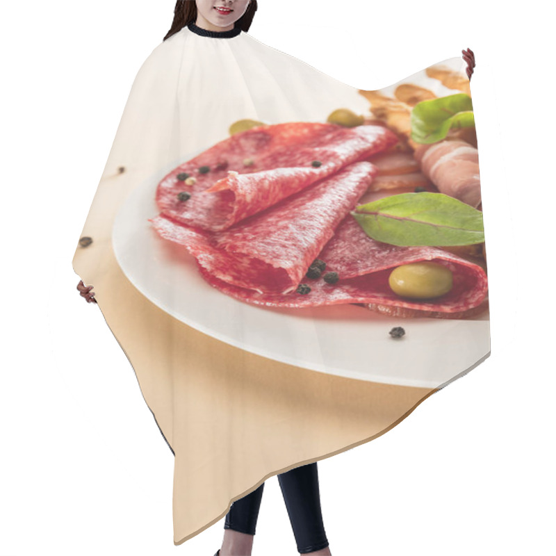 Personality  Close Up View Of Delicious Meat Platter Served With Olives And Breadsticks On Plate On Beige Background Hair Cutting Cape