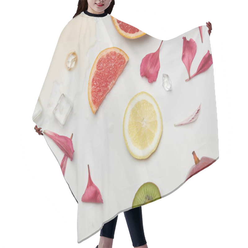 Personality  Top View Of Arrangement Of Fresh Exotic Fruits, Ice Cubes And Flower Petals On White Surface Hair Cutting Cape