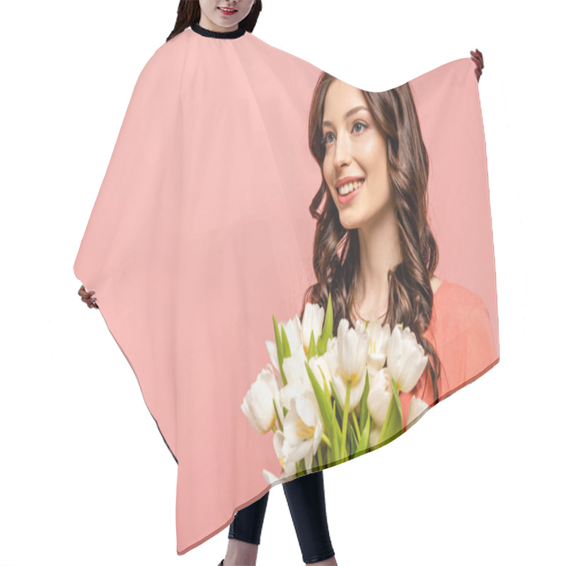 Personality  Happy Girl Smiling And Looking Away While Holding Bouquet Of White Tulips Isolated On Pink Hair Cutting Cape