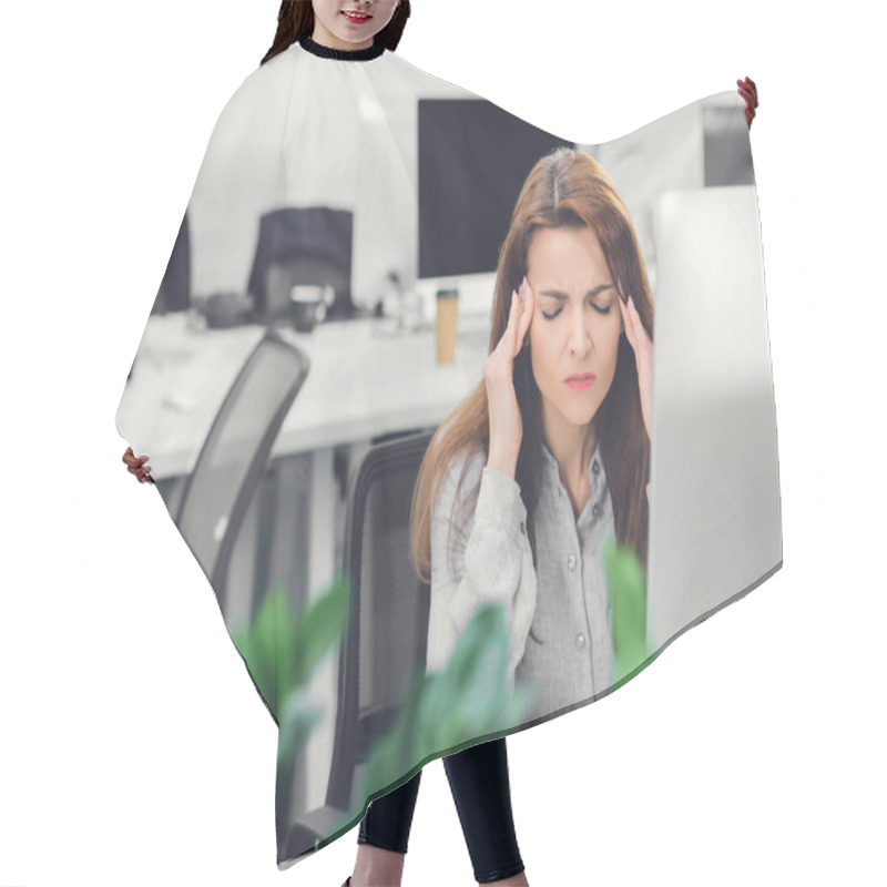 Personality  Young Businesswoman Suffering From Headache While Working In Office  Hair Cutting Cape