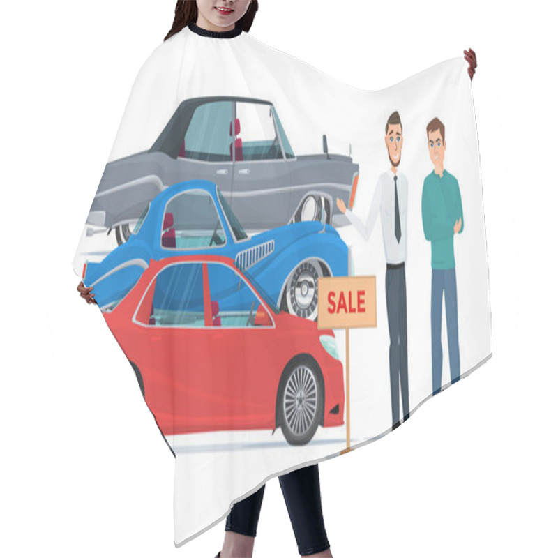 Personality  Buyer Chooses A New Car Of The Three Proposed Manager. Business Cartoon Concept. Vector Illustration Isolated On White Background In Flat Style. Hair Cutting Cape