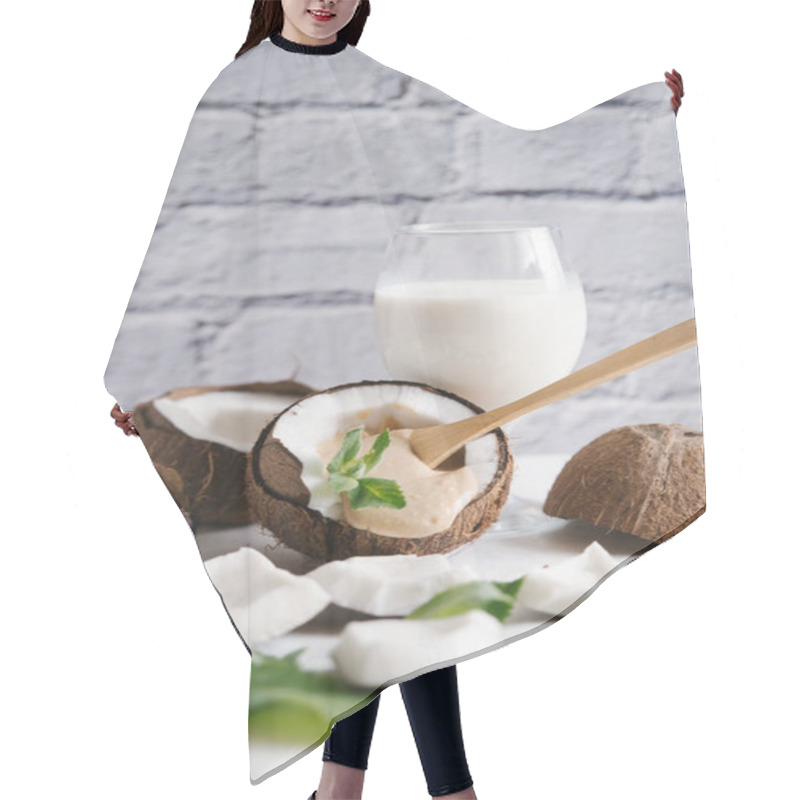 Personality  Coconut Milk With Broken Coconut And Mint Leaves On White Table Hair Cutting Cape