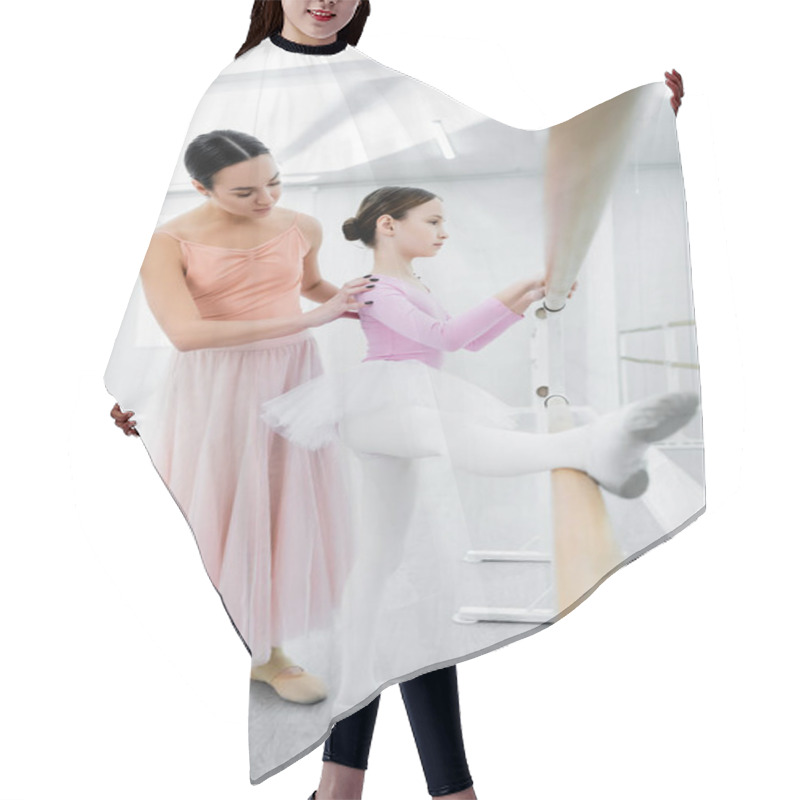 Personality  Preteen Girl Stretching In Ballet School Near Young Choreographer Hair Cutting Cape