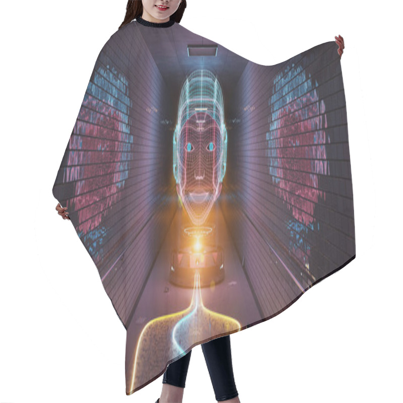 Personality  Blue Orange And Pink Cyborg Hologram Watching A Subway Interior 3D Rendering Hair Cutting Cape