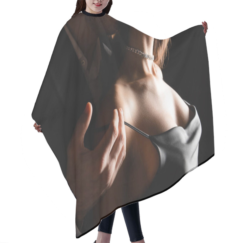 Personality  Cropped View Of Sensual Woman In Silk Dress With Male Hand On Shoulder Isolated On Black Hair Cutting Cape