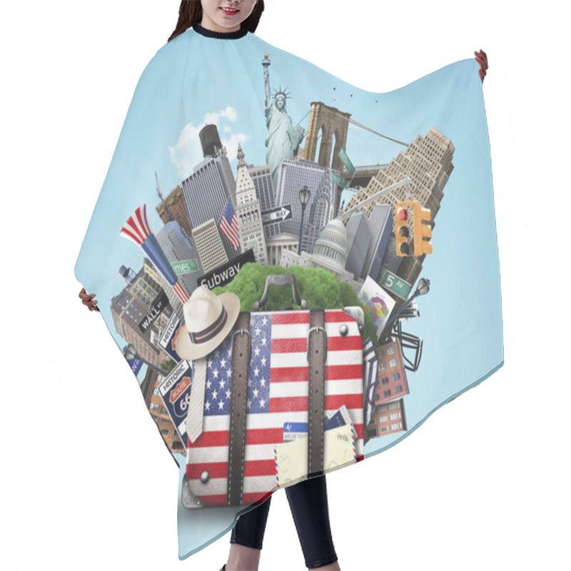 Personality  Suitcase With American Flag On The Background Of USA Landmarks Hair Cutting Cape