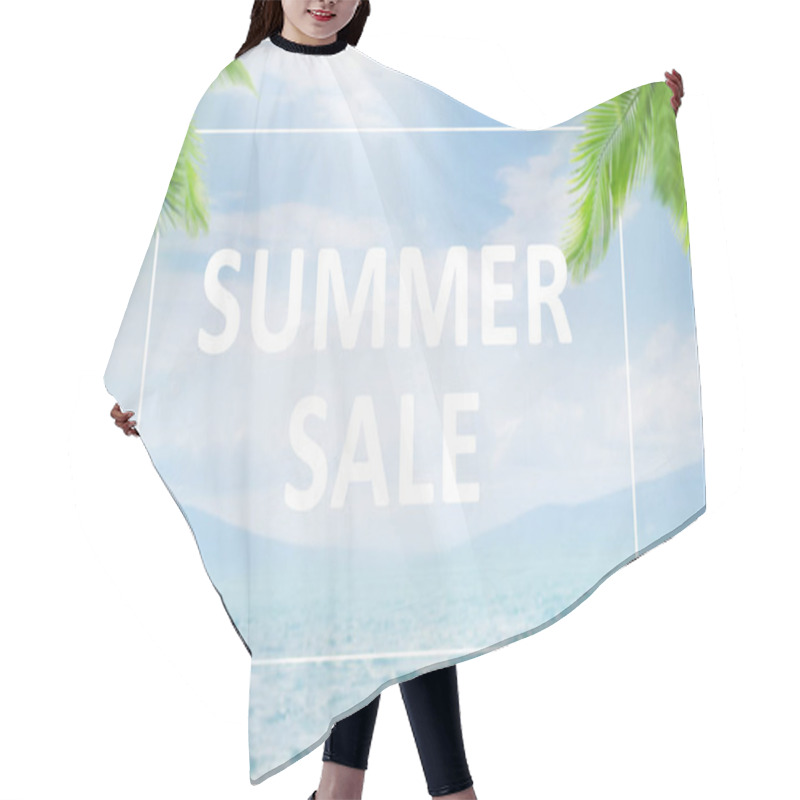 Personality  Blurred Summer Natural Marine Tropical Blue Background With Palm Leaves And Sunbeams Of Light. Summer Sale Inscription In White Frame. Advertising Template. Sea And Sky With White Clouds Hair Cutting Cape