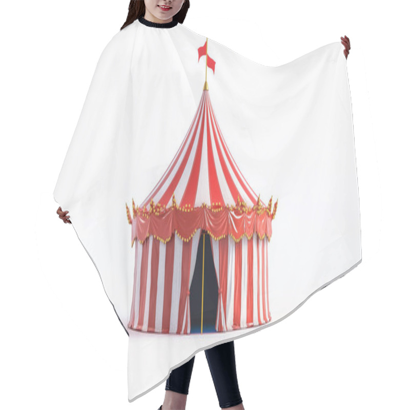 Personality  A Classic Red And White Striped Circus Tent Set Against A White Background, Symbolizing Fun, Entertainment, And Childhood Memories. Hair Cutting Cape