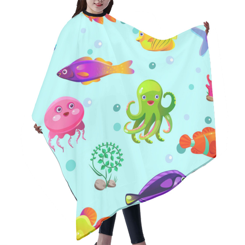 Personality  Funny Seamless Pattern With Underwater Characters Hair Cutting Cape