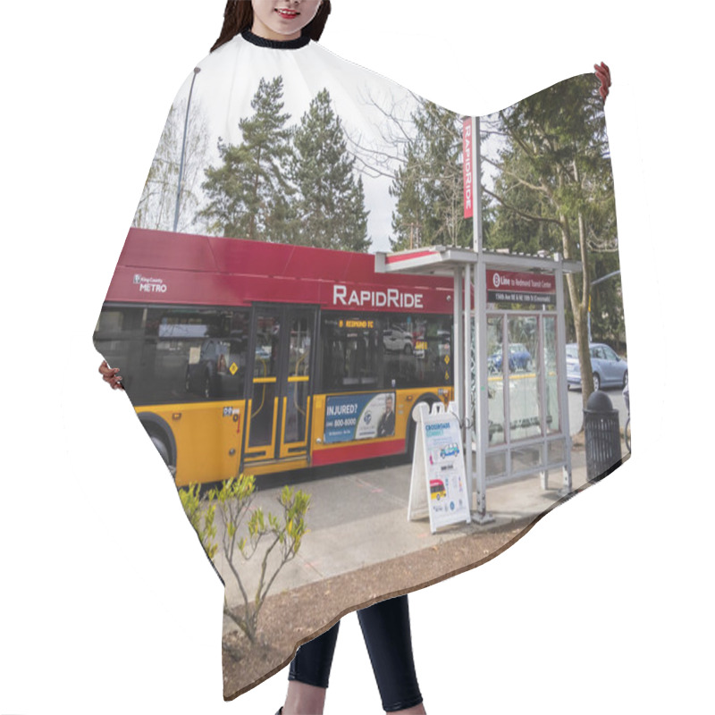 Personality  Redmond, WA USA - Circa April 2021: View Of A Rapid Ride Metro Bus Stopping At A Bus Stop On A Sunny Day. Hair Cutting Cape