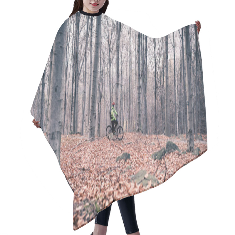 Personality  Mountain Biker On Cycle Trail In Woods Hair Cutting Cape