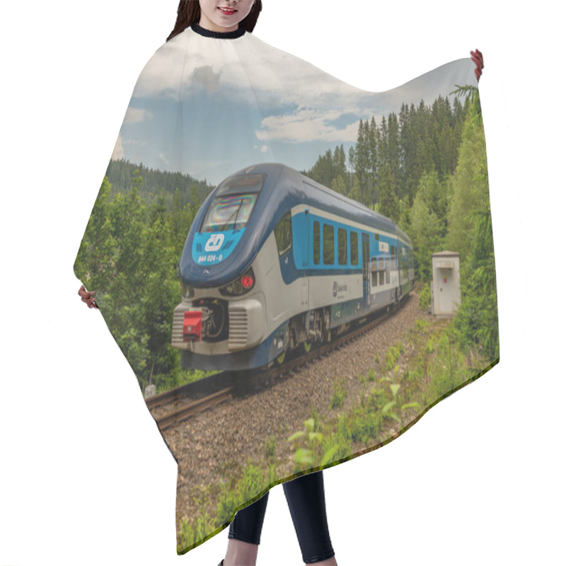 Personality  Train Near Small Crossing Of Road In Summer Cloudy Day In Potucky CZ 06 27 2024 Hair Cutting Cape