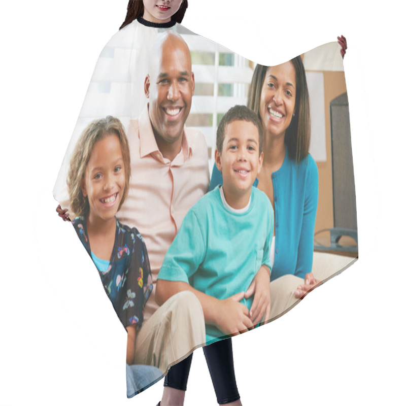 Personality  Portrait Of Family Sitting On Sofa Together Hair Cutting Cape