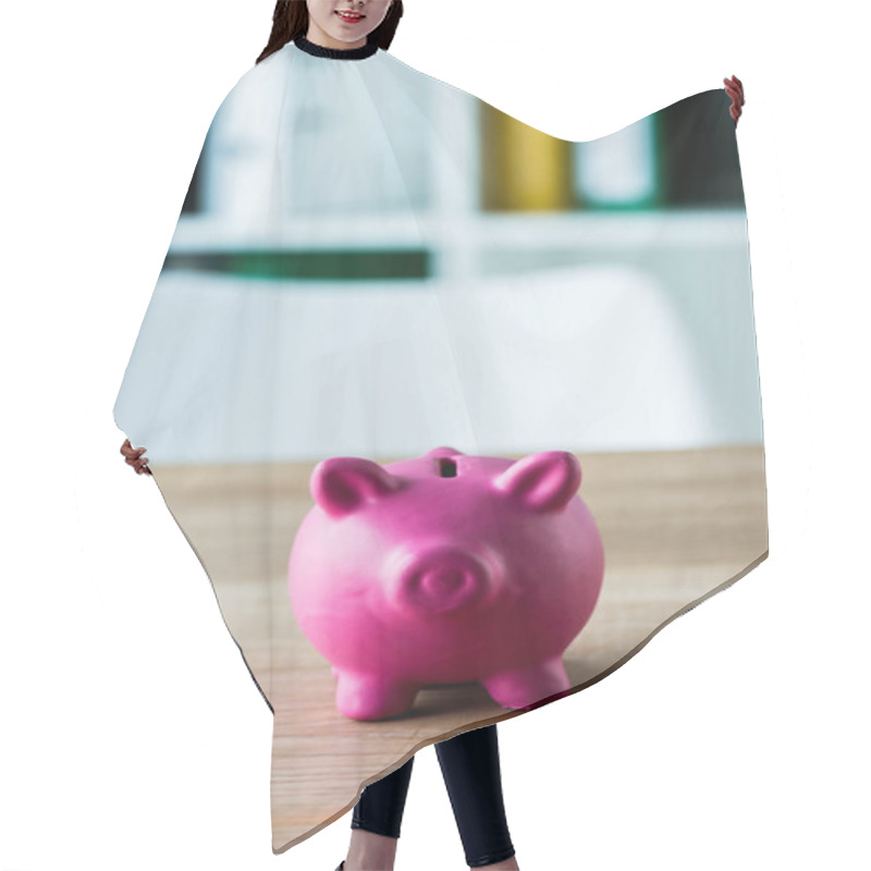 Personality  Pink Toy Piggy Bank On Wooden Desk In Office  Hair Cutting Cape