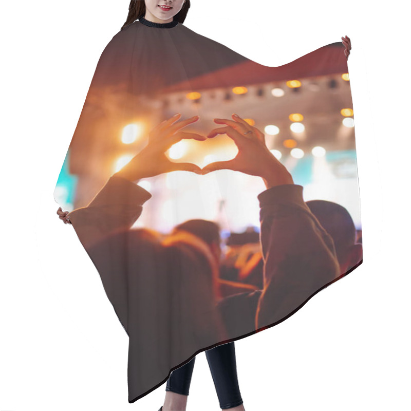 Personality  Heart Shaped Hands At Concert, Loving The Artist And The Festival. Music Concert With Lights And Silhouette Of People Enjoying The Concert. Hair Cutting Cape