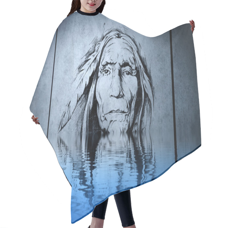 Personality  Indian Chief's Head On Blue Wall Reflections In The Water Hair Cutting Cape