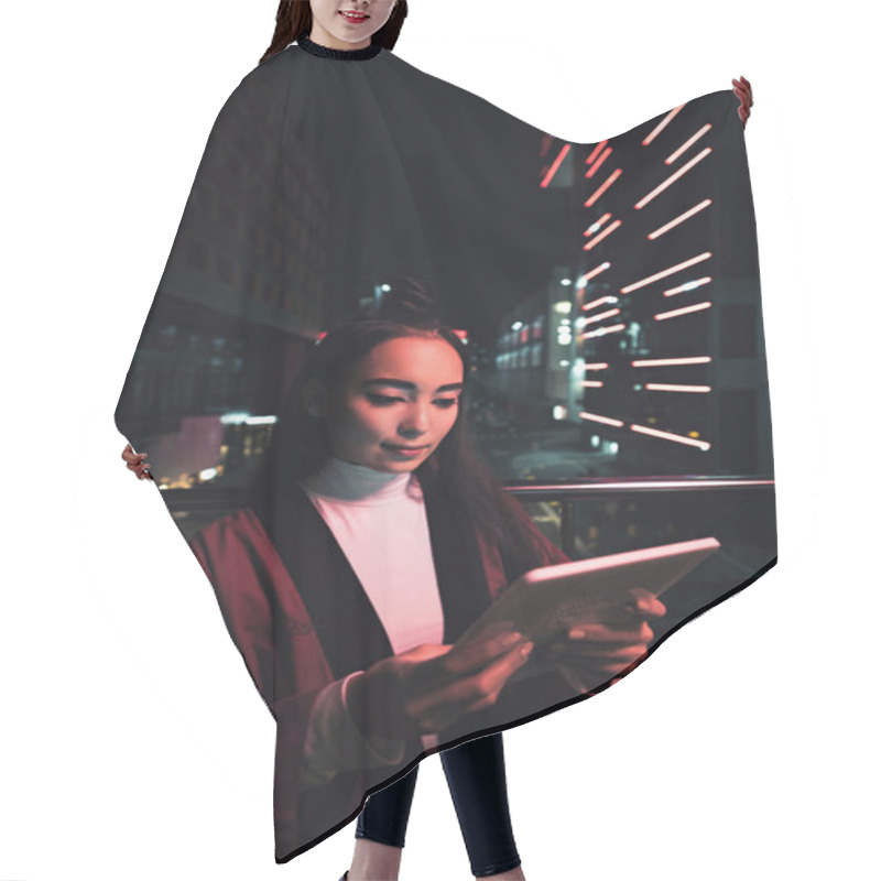 Personality  Attractive Asian Girl In Kimono Using Tablet On Street With Neon Light In Evening, City Of Future Concept Hair Cutting Cape