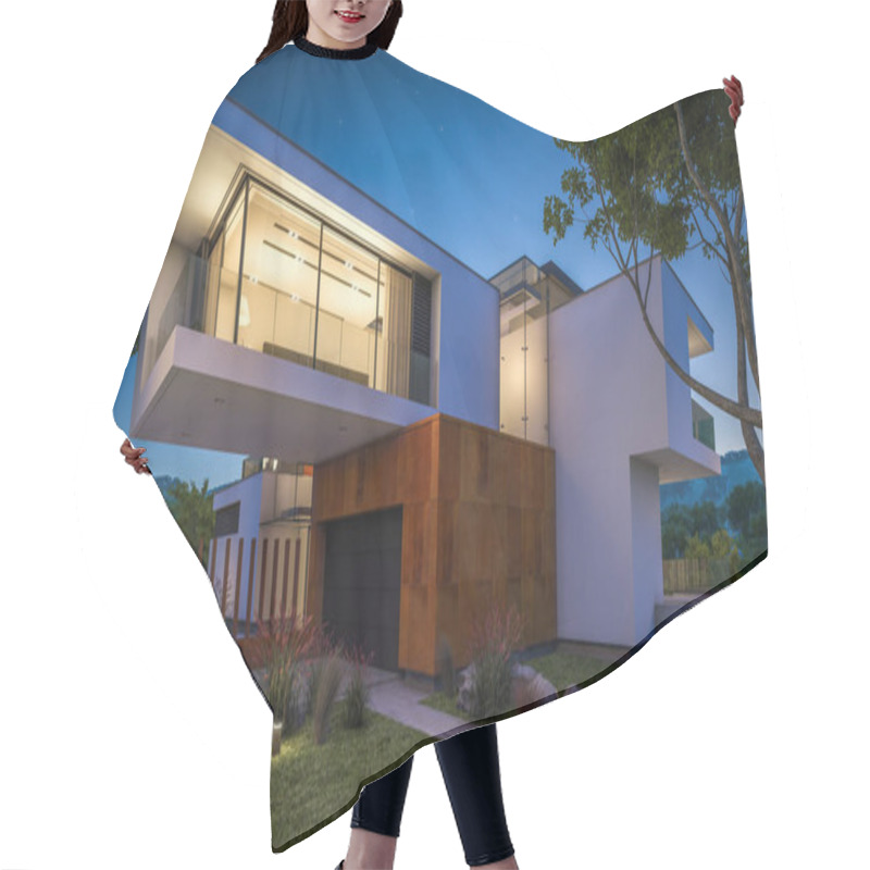 Personality  3d Rendering Of Modern House By The River At Night Hair Cutting Cape