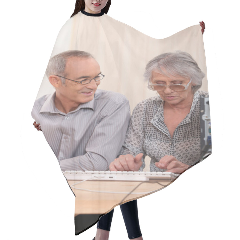 Personality  Elderly Couple Learning Computer Skills Hair Cutting Cape