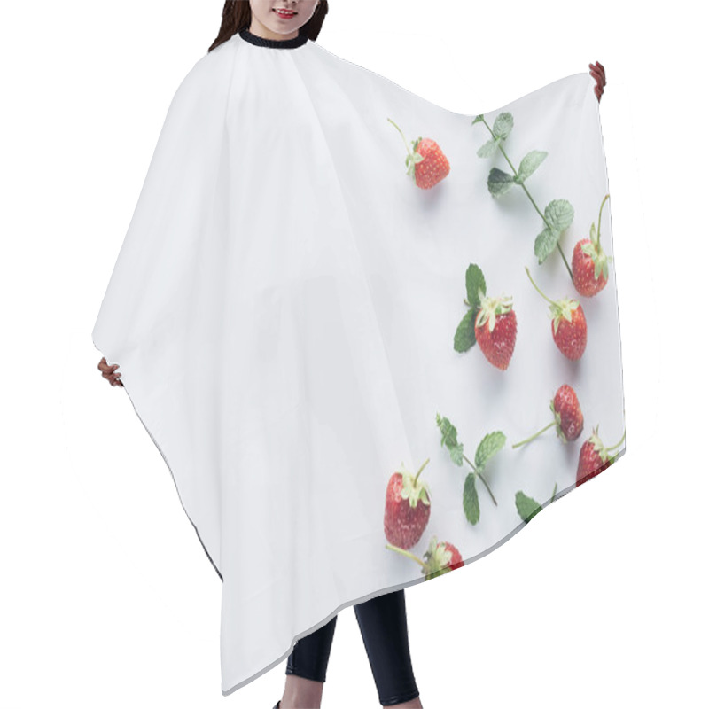 Personality  Top View Of Fresh Strawberries With Mint Leaves On White Surface Hair Cutting Cape