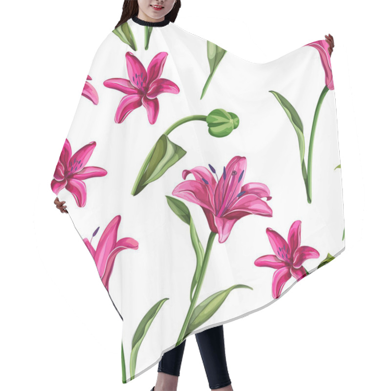 Personality  Vector Realistic Pink Lily Blossom Leaves Stem Set Hair Cutting Cape