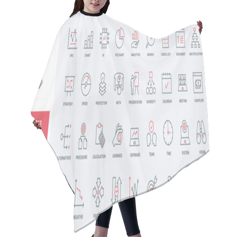 Personality  Business Data Analysis And Analytics Line Icons Set. Research Technology, Management And Data Control Of Analyst, Statistical Model And Strategy Thin Black And Red Outline Symbols, Vector Illustration Hair Cutting Cape