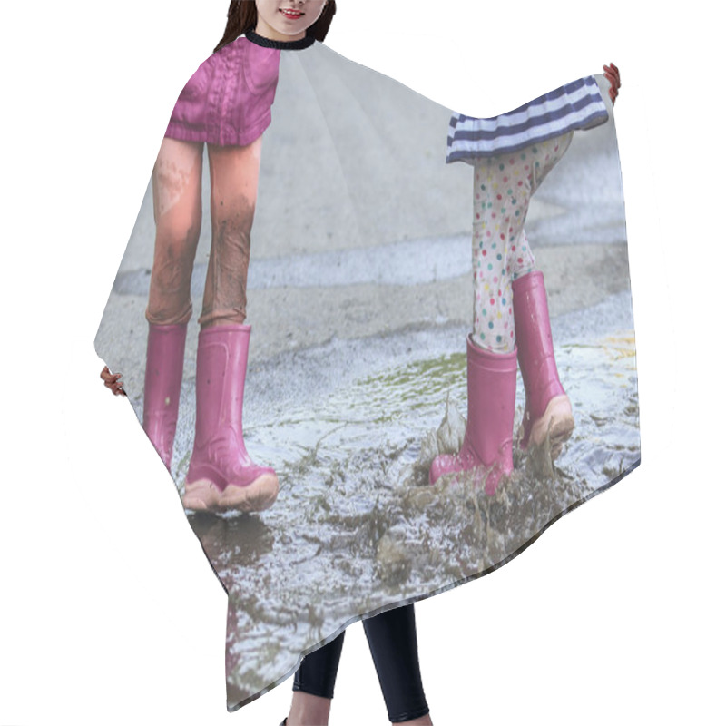 Personality  Playful Child Outdoor Jump Into Puddle In Boot After Rain Hair Cutting Cape