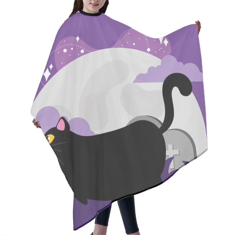 Personality  Halloween Black Cat Walking Near Gravestones With Full Moon And Spooky Atmosphere, Vector Illustration Hair Cutting Cape