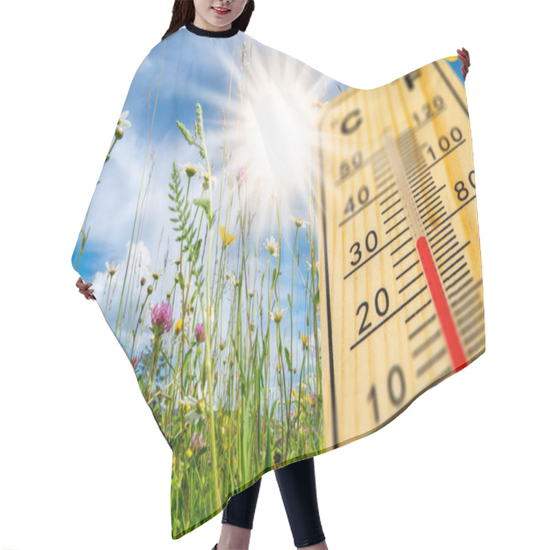 Personality  Heat In Summer With High Temperature At Thermometer Hair Cutting Cape